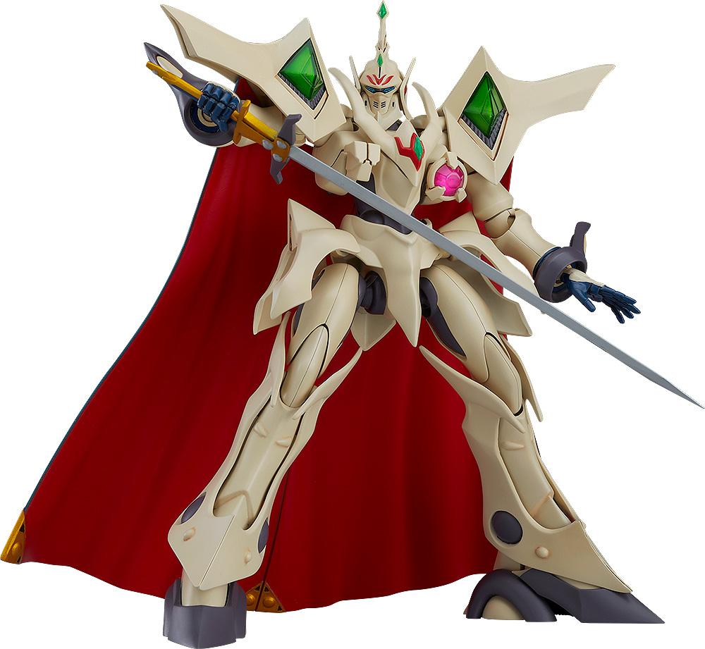 Front view of the MODEROID Escaflowne Guymelef plastic model kit, featuring the iconic white armor, red fabric cape, and green translucent shoulder energists.