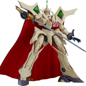 Front view of the MODEROID Escaflowne Guymelef plastic model kit, featuring the iconic white armor, red fabric cape, and green translucent shoulder energists.