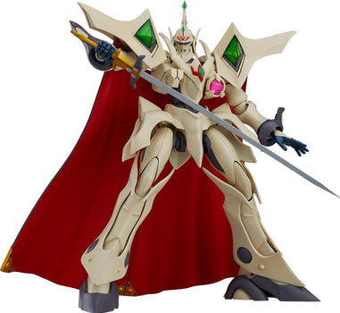 Front view of the MODEROID Escaflowne Guymelef plastic model kit, featuring the iconic white armor, red fabric cape, and green translucent shoulder energists.