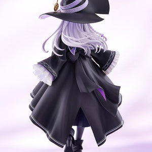 Rear view of Elaina 1/7 scale figure highlighting flowing silver hair sculpt, back cloak ribbon, pointed witch hat, and clock base.