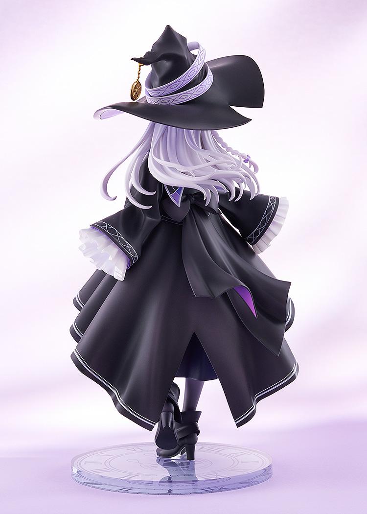 Rear view of Elaina 1/7 scale figure highlighting flowing silver hair sculpt, back cloak ribbon, pointed witch hat, and clock base.