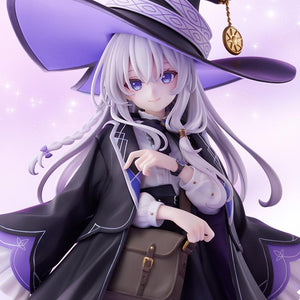 Detailed vertical close-up of Elaina's facial expression, witch hat pattern, and gold medallion against a sparkling backdrop.
