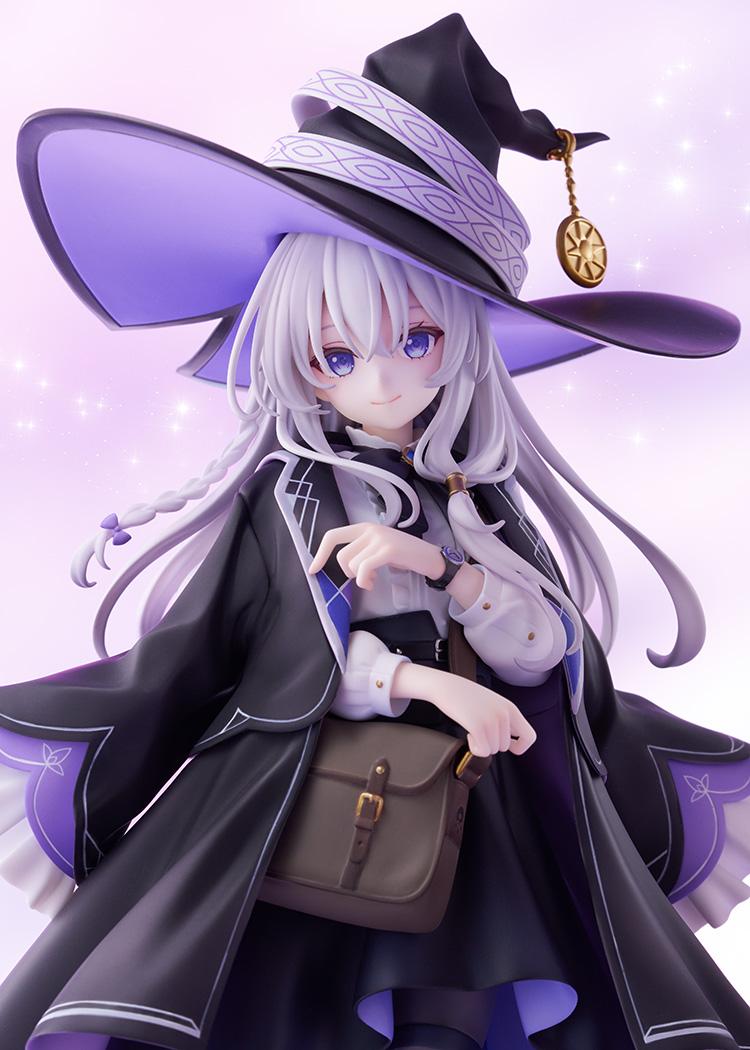 Detailed vertical close-up of Elaina's facial expression, witch hat pattern, and gold medallion against a sparkling backdrop.