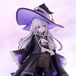 Horizontal portrait of Elaina scale figure focusing on her purple eyes, braided silver hair, and collar ribbon.
