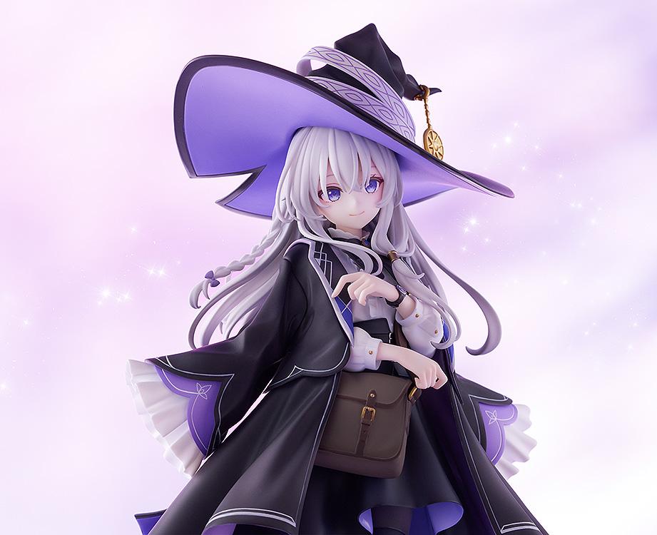 Horizontal portrait of Elaina scale figure focusing on her purple eyes, braided silver hair, and collar ribbon.