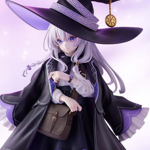 Waist-up dynamic perspective of Elaina 1/7 scale figure showcasing wide-brimmed witch hat and leather shoulder bag.