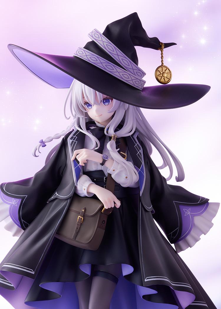 Waist-up dynamic perspective of Elaina 1/7 scale figure showcasing wide-brimmed witch hat and leather shoulder bag.