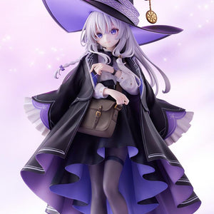 Angled full-length promotional shot of Elaina from Wandering Witch displaying the purple inner lining of her skirt and cloak.