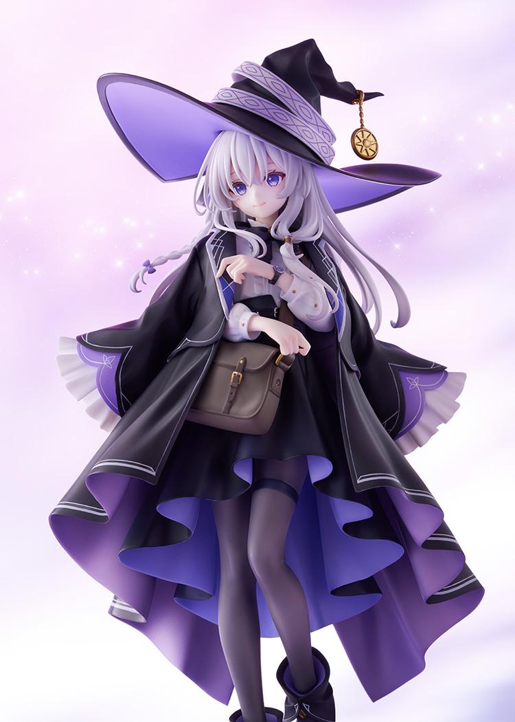 Angled full-length promotional shot of Elaina from Wandering Witch displaying the purple inner lining of her skirt and cloak.