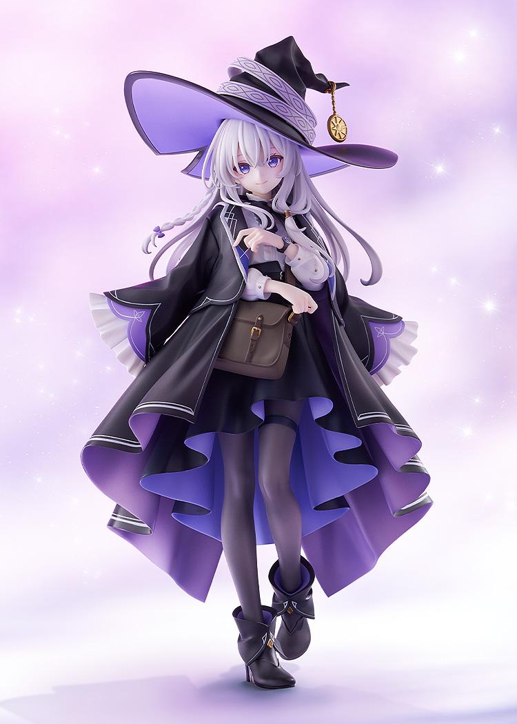Full-body promotional display of the Elaina 1/7 scale figure posed against a magical glowing lavender background.