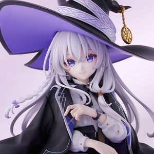 Upper body close-up of Elaina smiling in her witch attire with gold hat charm and detailed shirt ruffles.