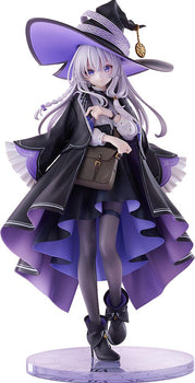 Full-body front studio view of the Wandering Witch: The Journey of Elaina 1/7 scale figure standing on a purple clock base against a white background.