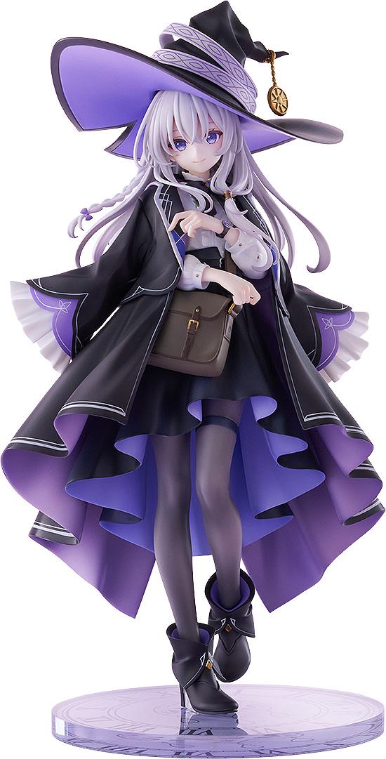 Full-body front studio view of the Wandering Witch: The Journey of Elaina 1/7 scale figure standing on a purple clock base against a white background.