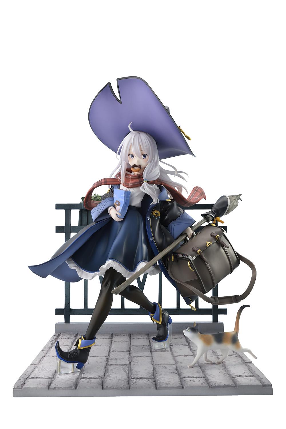 Full shot of the Wandering Witch: The Journey of Elaina DX Version 1/7 scale figure featuring Elaina walking on a cobblestone street base while holding a bag of donuts and accompanied by a calico cat against a white background.