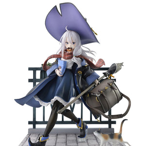 Full shot of the Wandering Witch: The Journey of Elaina DX Version 1/7 scale figure featuring Elaina walking on a cobblestone street base while holding a bag of donuts and accompanied by a calico cat against a white background.