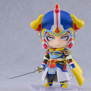 The Warrior of Light Nendoroid standing on a clear display base with a serious face plate and yellow cape.