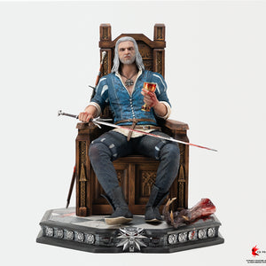 Full front view of the PureArts 1/6 scale Geralt of Rivia Blood and Wine statue seated on a grand wooden throne.