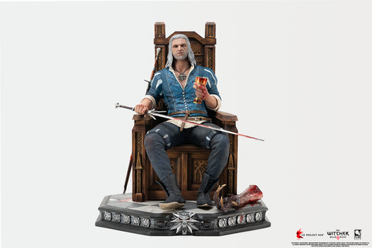 Full front view of the PureArts 1/6 scale Geralt of Rivia Blood and Wine statue seated on a grand wooden throne.