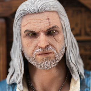 Hyper-detailed portrait sculpt of Geralt of Rivia featuring white hair, facial scars, and yellow cat eyes.