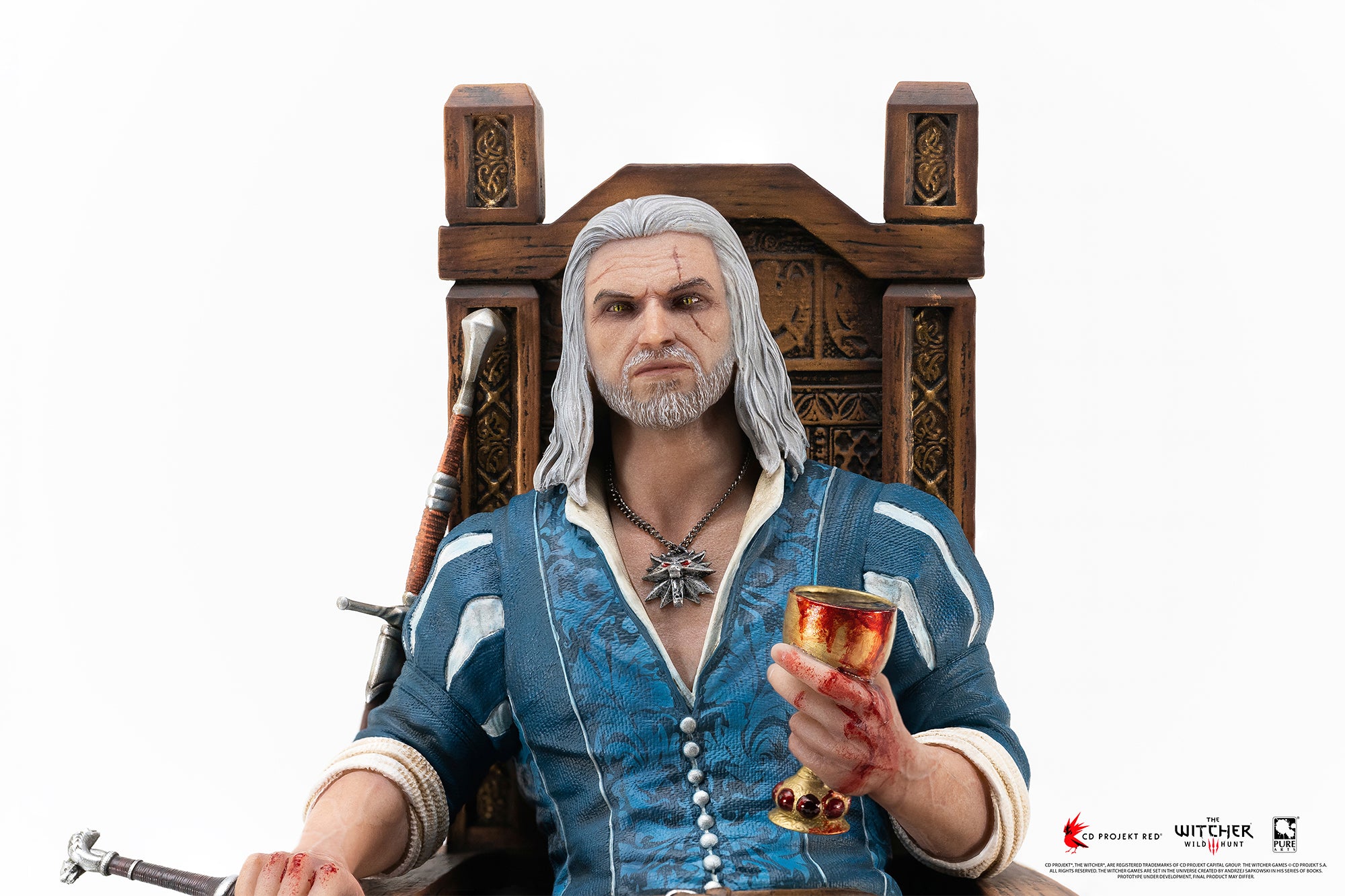Front waist-up view of Geralt of Rivia seated on his throne holding his chalice and resting his silver sword across his lap.