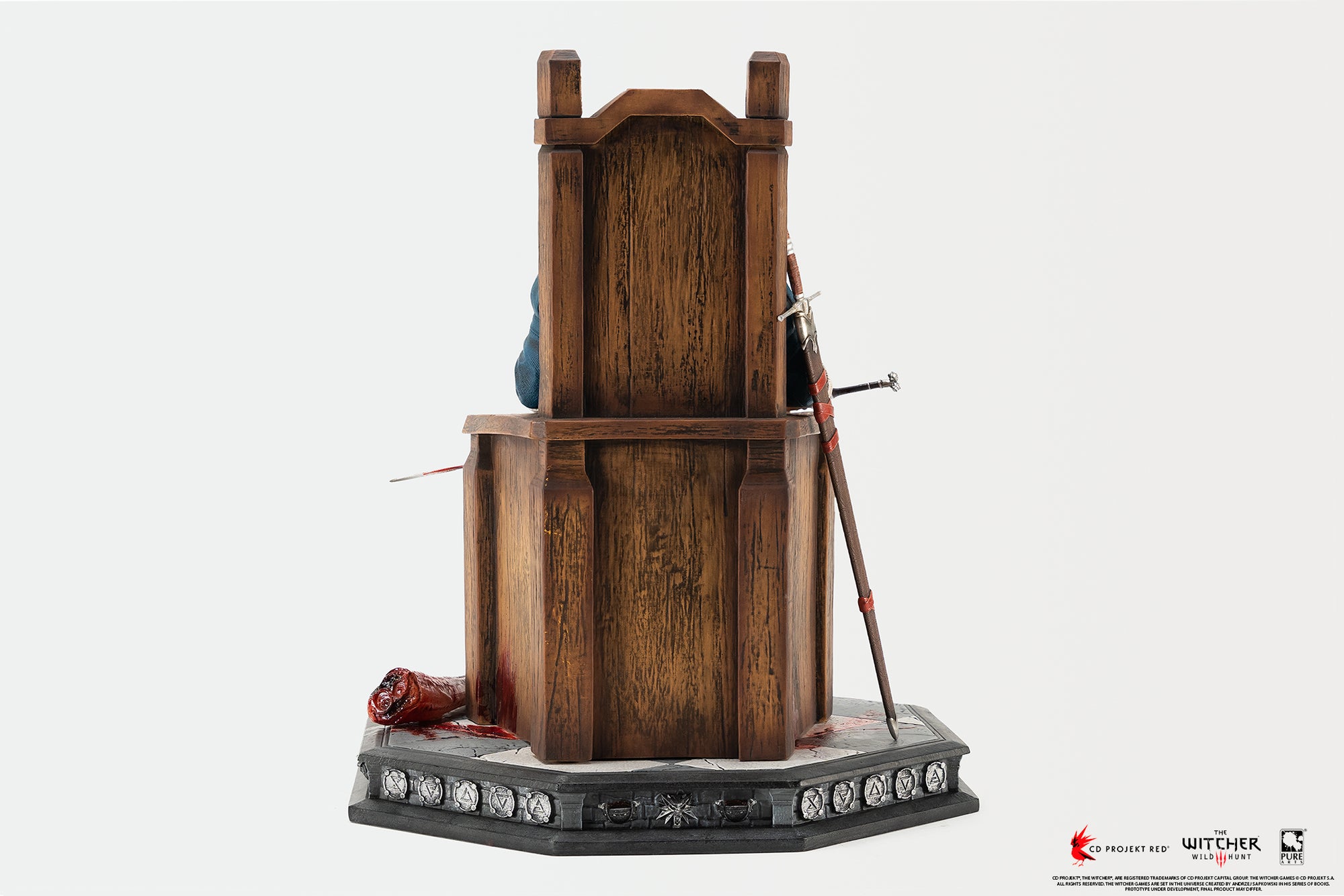 Full back view of the wooden throne and octagonal stone display base for The Witcher 3 Geralt 1/6 scale statue.