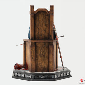 Full back view of the wooden throne and octagonal stone display base for The Witcher 3 Geralt 1/6 scale statue.
