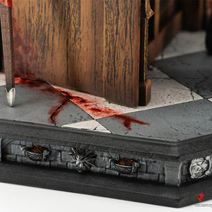 Detail view of the tiled stone pedestal base featuring blood pooling around the throne legs and carved Witcher signs along the rim.