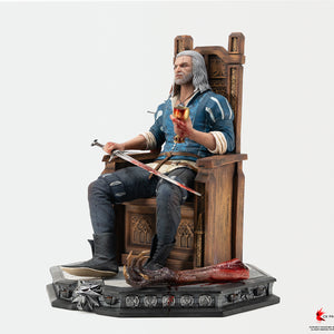 Three-quarter left view of Geralt of Rivia seated on his throne, holding a bloodied golden chalice in one hand and resting his silver sword across his lap.
