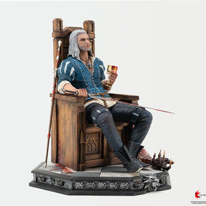 Three-quarter right angle full-body view of the Geralt on throne 1/6 scale statue.