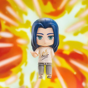 Dramatic promotional photo of the Wuxian Nendoroid figure set against a vibrant yellow and orange explosion backdrop.