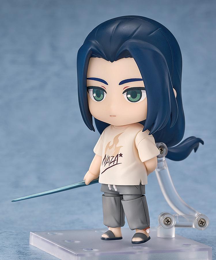 Three-quarter view of the Wuxian NAZA T-Shirt Version Nendoroid figure holding a thin blue sword weapon accessory.