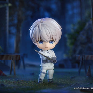 Serious expression Xavier Nendoroid in a dynamic combat pose with his silver sword.