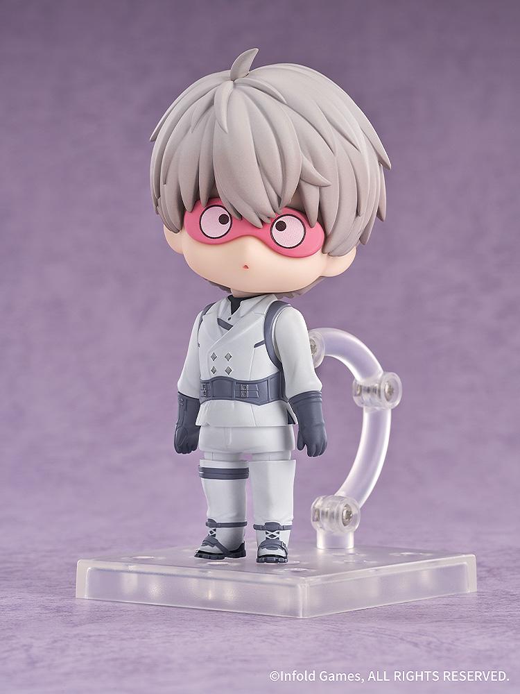 Love and Deepspace Xavier Nendoroid wearing the iconic pink sleep mask with googly eyes.
