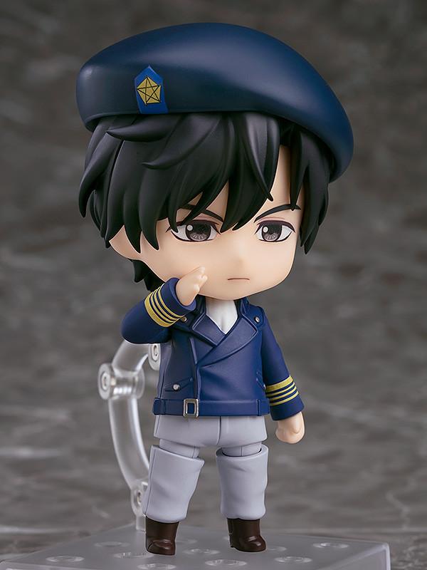 Legend of the Galactic Heroes Yang Wen-li Nendoroid performing a military salute in his blue uniform.