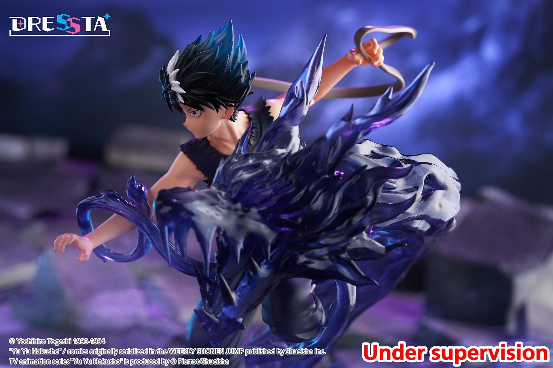 Cinematic horizontal side angle of Hiei dashing forward with translucent black dragon aura.