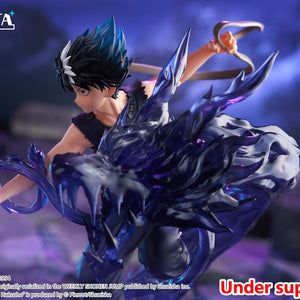 Cinematic horizontal side angle of Hiei dashing forward with translucent black dragon aura.