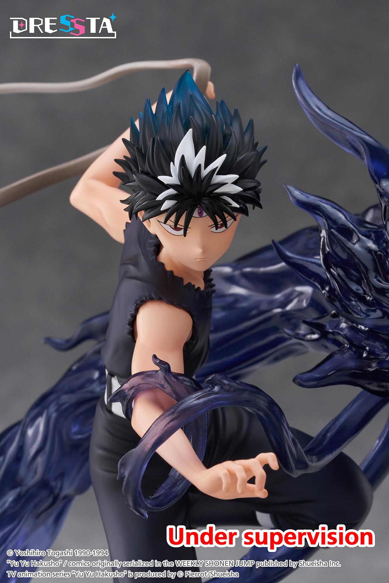 Close-up portrait shot of Hiei's intense sharp gaze, spiked hair sculpt, and dark flame dragon head.