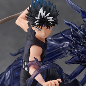 Close-up portrait shot of Hiei's intense sharp gaze, spiked hair sculpt, and dark flame dragon head.