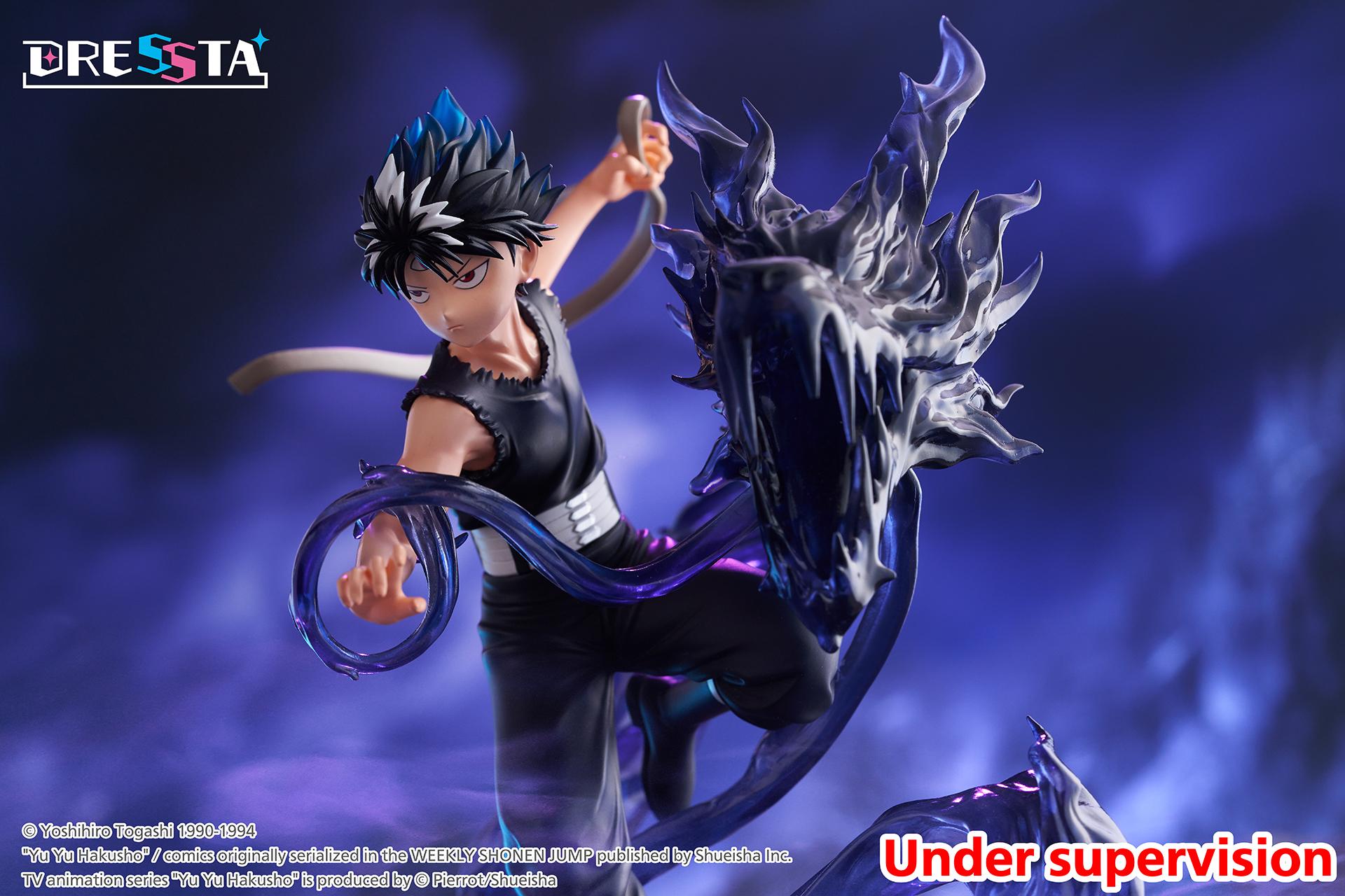 Cinematic medium shot of Hiei posed beside the snarling black dragon head in a dramatic battle setting.