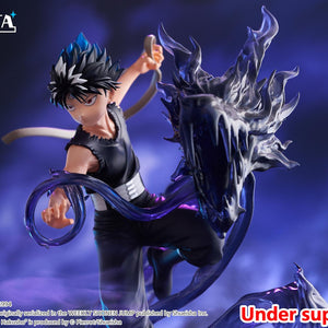 Cinematic medium shot of Hiei posed beside the snarling black dragon head in a dramatic battle setting.