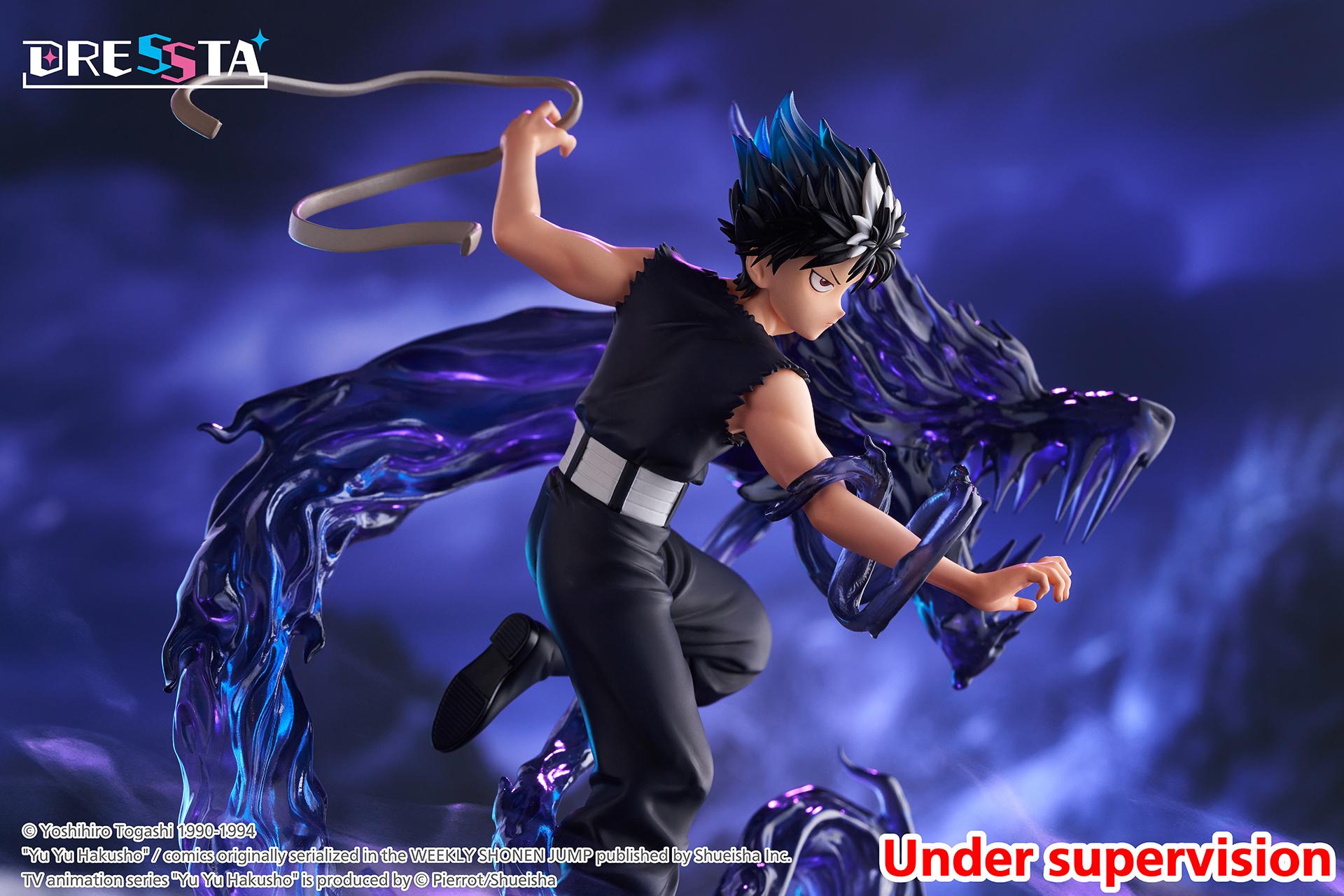 Wide action photo capturing Hiei in mid-stride with bandage trailing and swirling dark dragon flames.