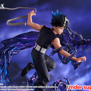 Wide action photo capturing Hiei in mid-stride with bandage trailing and swirling dark dragon flames.
