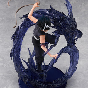 High-angle top-down perspective of Hiei figure demonstrating the swirling spiral shape of the dragon effect base.