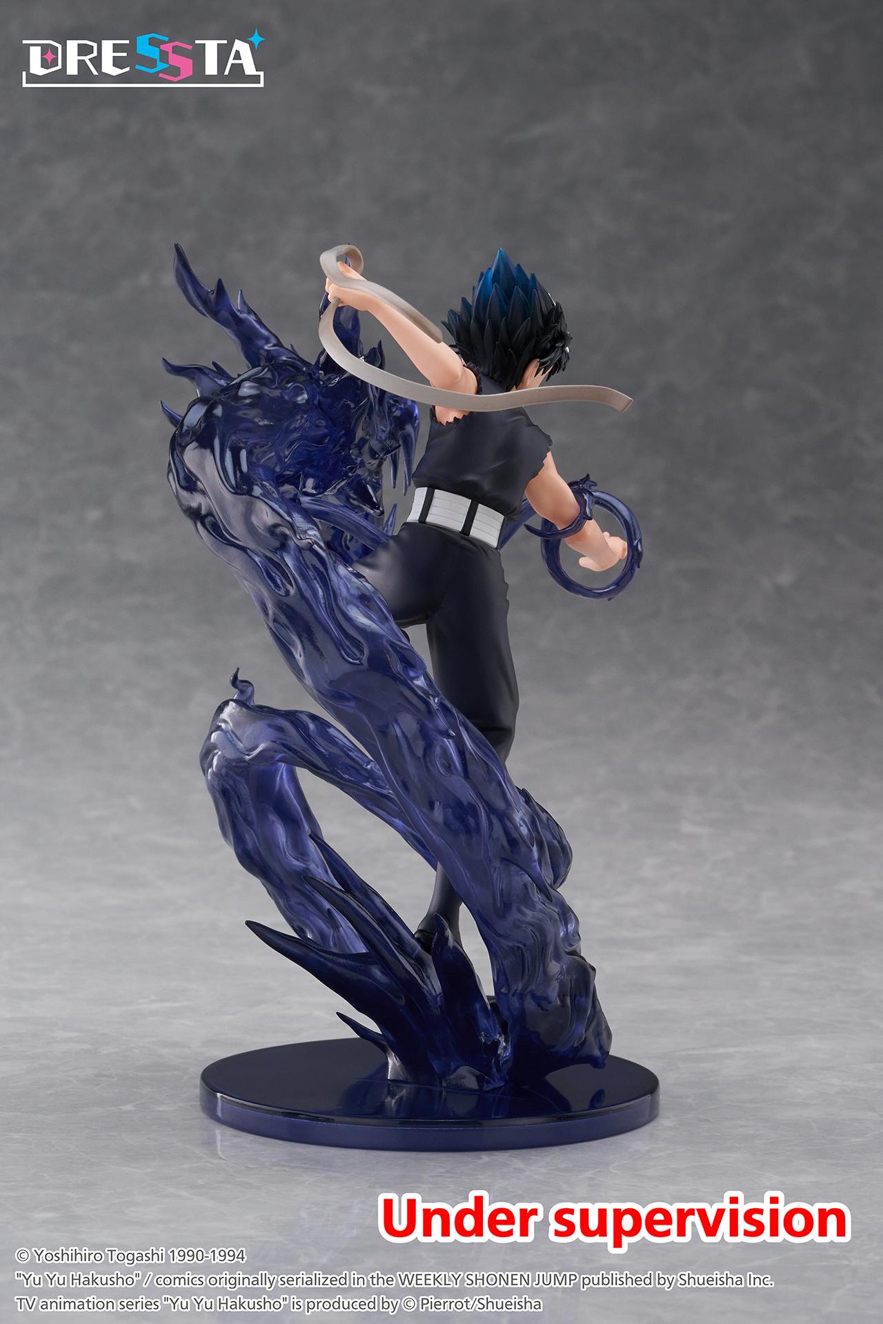 Rear back view of Hiei DRESSTA non-articulated figure showing black combat tunic, white belt, and swirling dragon flame sculpt.