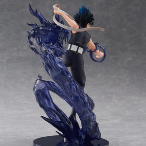Rear back view of Hiei DRESSTA non-articulated figure showing black combat tunic, white belt, and swirling dragon flame sculpt.
