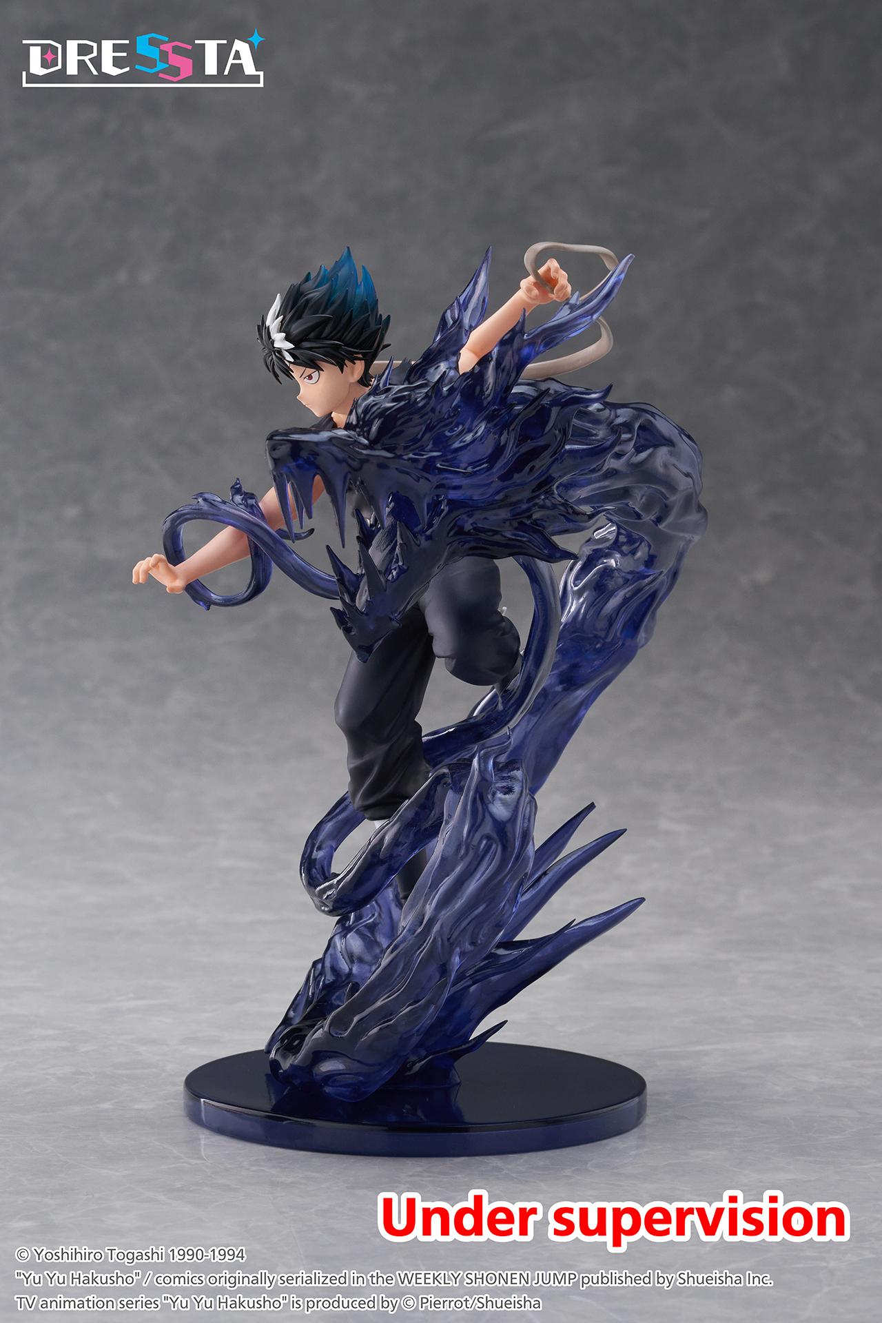 Side profile view of Hiei DRESSTA figure with translucent blue-black dragon head effect wrapped around his arm.