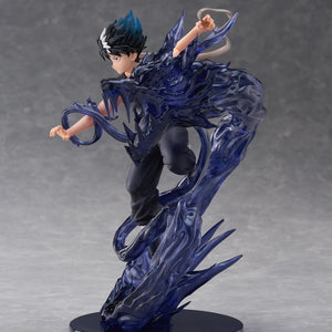 Side profile view of Hiei DRESSTA figure with translucent blue-black dragon head effect wrapped around his arm.