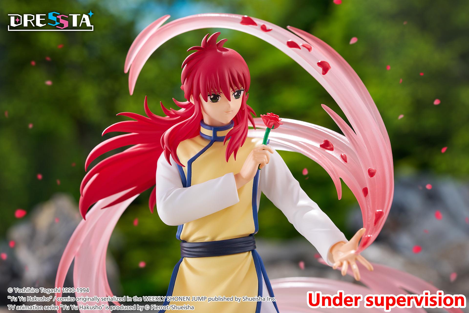 Wide cinematic action photo of Kurama DRESSTA anime figure holding a red rose surrounded by floating pink petals in nature.