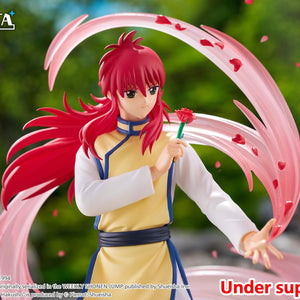 Wide cinematic action photo of Kurama DRESSTA anime figure holding a red rose surrounded by floating pink petals in nature.