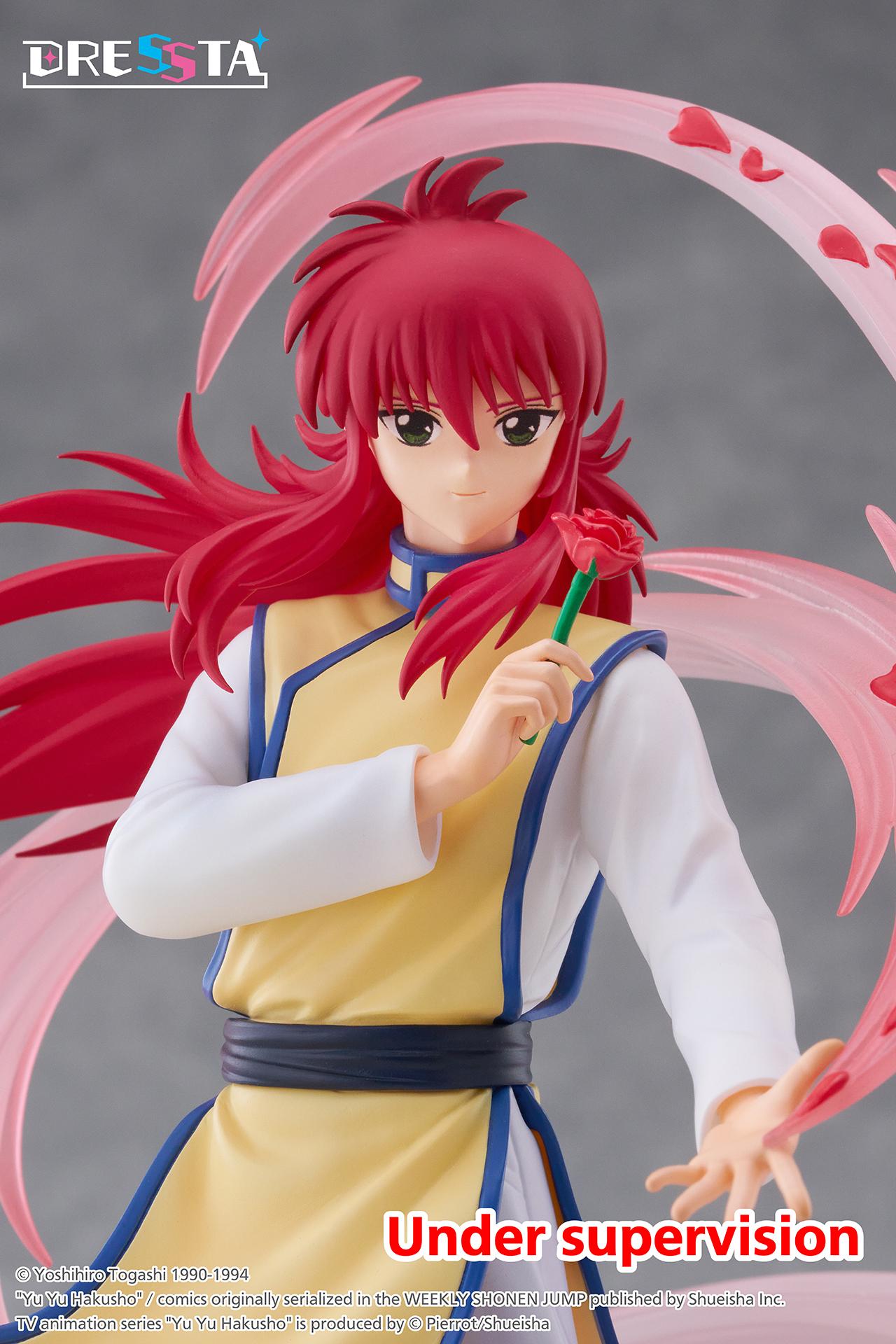 Close-up portrait highlighting Kurama's calm expression, green eyes, flowing red hair, and sculpted red rose.